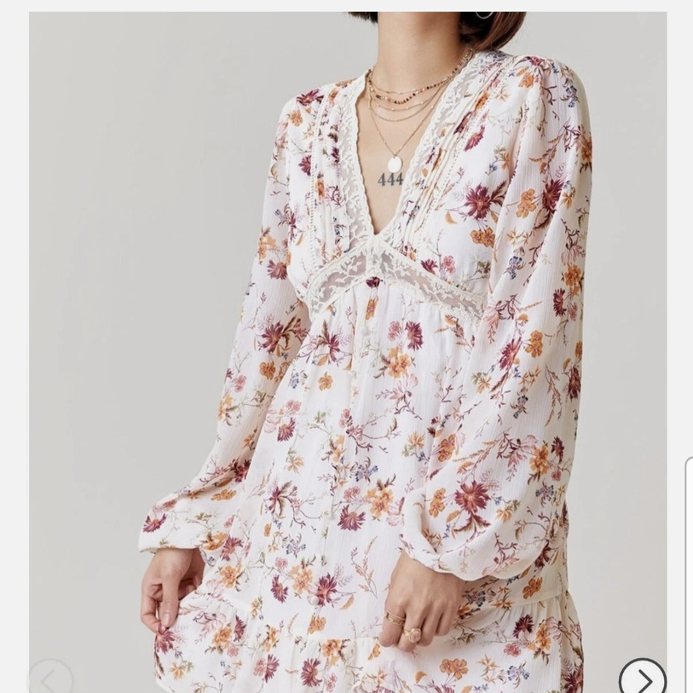 Blue Rain Cream Floral Lace-Trimmed Dress Womens Medium
